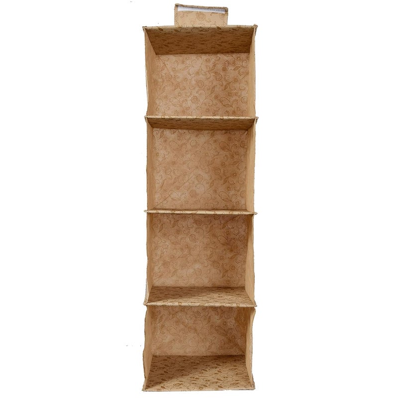 Kuber Industries Metalic Floral Print Non Woven Hanging 4 Shelves Foldable WardrobeCloset Cloth Organizer BeigeKUBMART1160 Standard - Image 2
