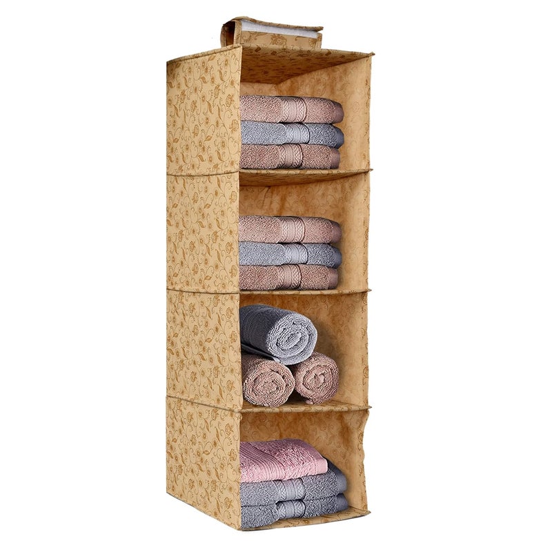 Kuber Industries Metalic Floral Print Non Woven Hanging 4 Shelves Foldable WardrobeCloset Cloth Organizer BeigeKUBMART1160 Standard - Image 5