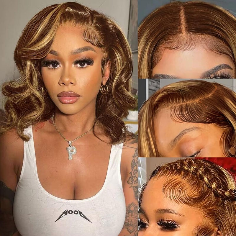 mscoco Glueless Wigs Human Hair Pre Plucked Pre Cut 6Ã—5 HD Lace Bob Wig Human Hair 180% Density Honey Blonde Ombre Closure Highlight Wig Human Hair for Black Women 4/27 12inch - Image 4