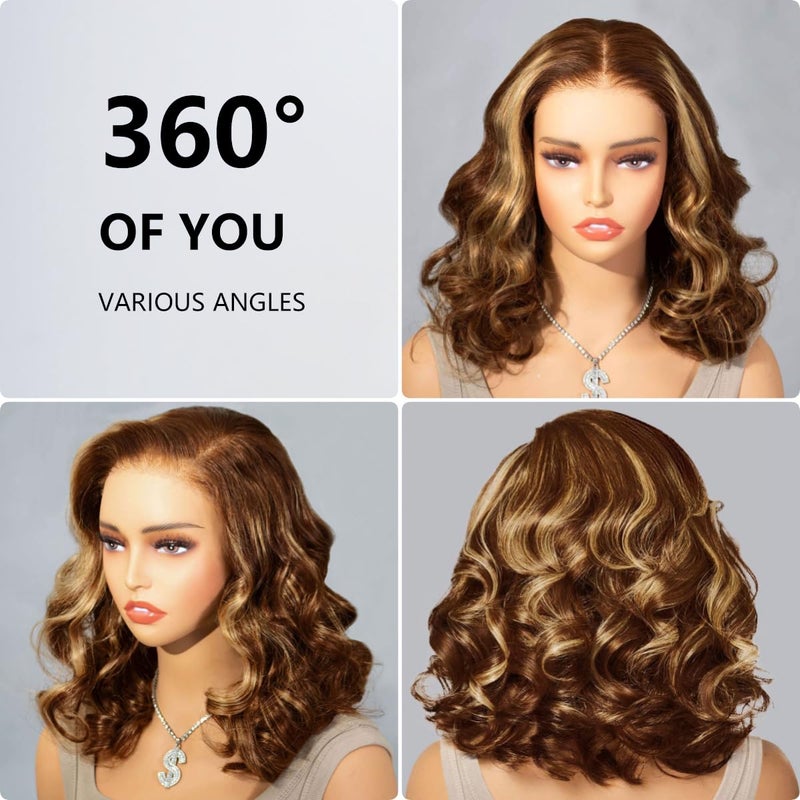 mscoco Glueless Wigs Human Hair Pre Plucked Pre Cut 6Ã—5 HD Lace Bob Wig Human Hair 180% Density Honey Blonde Ombre Closure Highlight Wig Human Hair for Black Women 4/27 12inch - Image 3