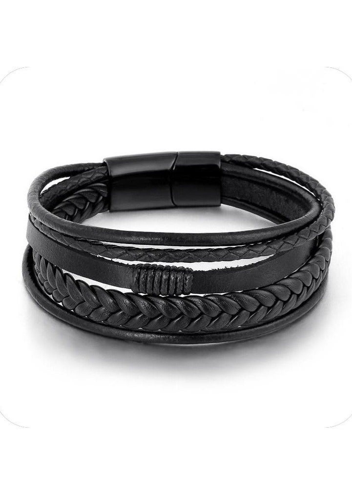 Mens Leather Bracelet with Clasp Cowhide Multi-Layer Braided - Image 2