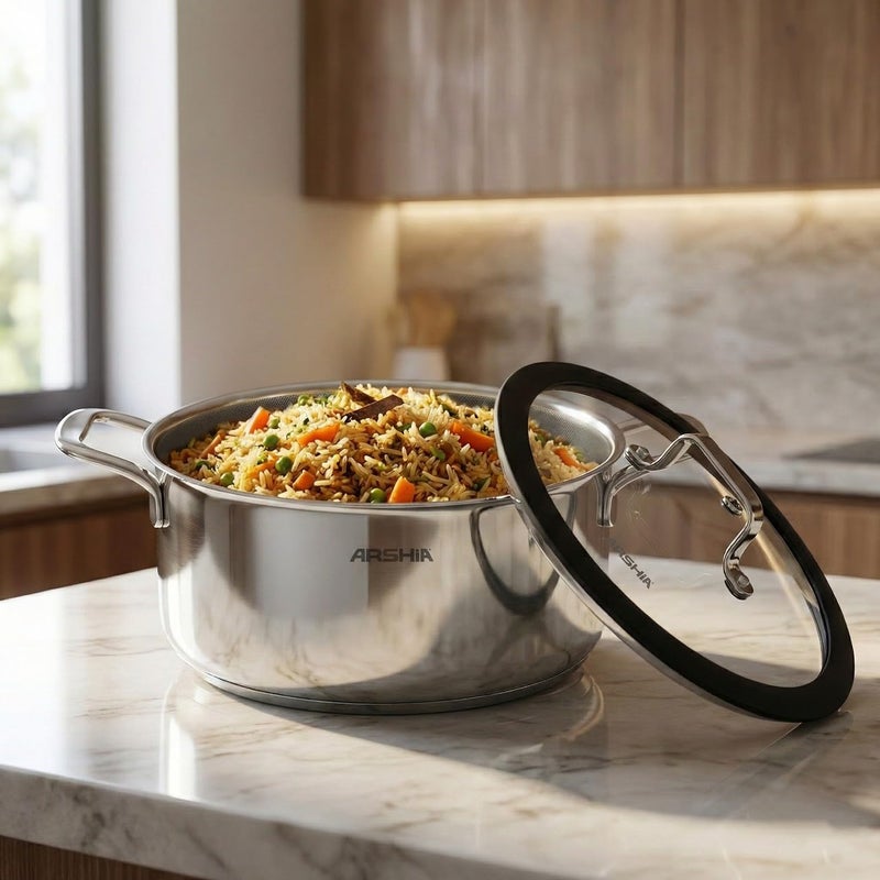Arshia Hybrid Stainless Steel Non-Stick Casserole Pot with Lid, 28 cm, Silver - Image 4