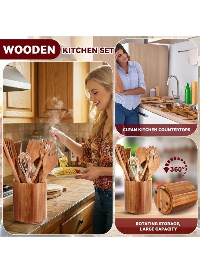 Arabest 11 Pcs Wooden Kitchen Utensils Set with 360° Rotating Holder Acacia Wood Cooking Utensils with Holder Cooking Spoons Spatulas for Nonstick Cookware Countertop Kitchen Decorations - Image 3