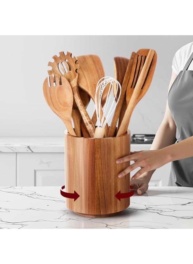 Arabest 11 Pcs Wooden Kitchen Utensils Set with 360° Rotating Holder Acacia Wood Cooking Utensils with Holder Cooking Spoons Spatulas for Nonstick Cookware Countertop Kitchen Decorations - Image 1