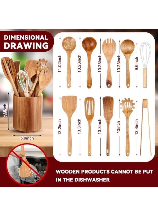 Arabest 11 Pcs Wooden Kitchen Utensils Set with 360° Rotating Holder Acacia Wood Cooking Utensils with Holder Cooking Spoons Spatulas for Nonstick Cookware Countertop Kitchen Decorations - Image 2
