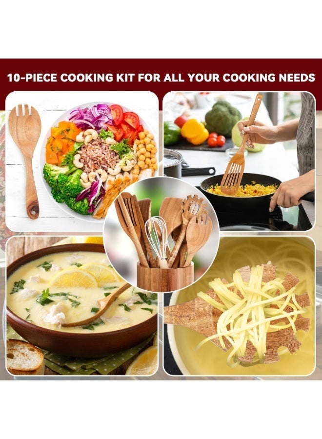 Arabest 11 Pcs Wooden Kitchen Utensils Set with 360° Rotating Holder Acacia Wood Cooking Utensils with Holder Cooking Spoons Spatulas for Nonstick Cookware Countertop Kitchen Decorations - Image 5