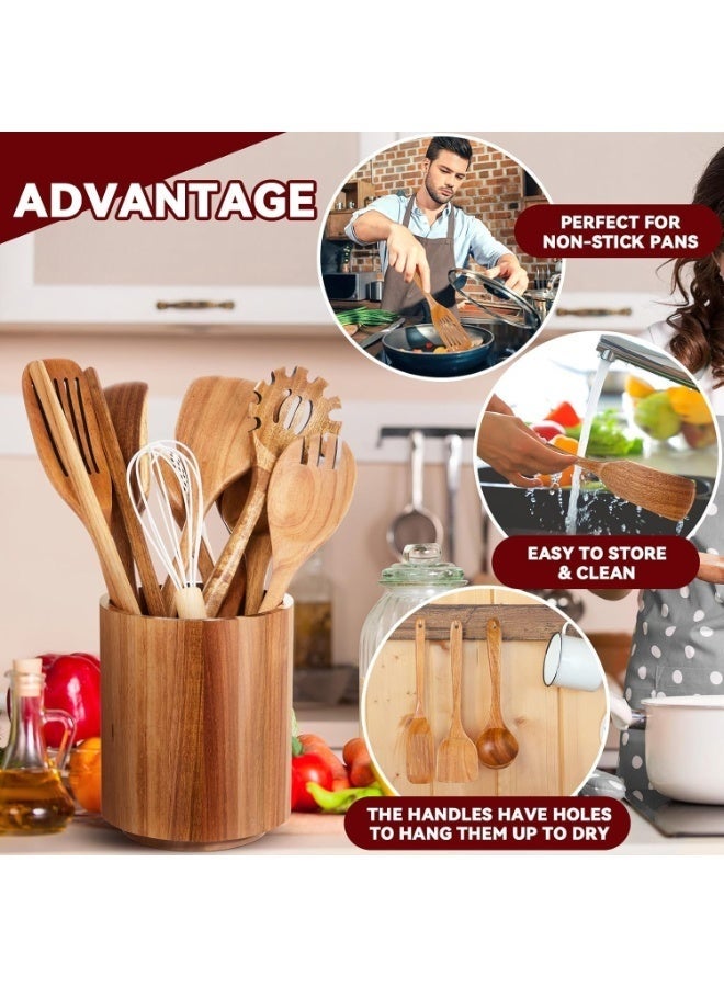 Arabest 11 Pcs Wooden Kitchen Utensils Set with 360° Rotating Holder Acacia Wood Cooking Utensils with Holder Cooking Spoons Spatulas for Nonstick Cookware Countertop Kitchen Decorations - Image 4