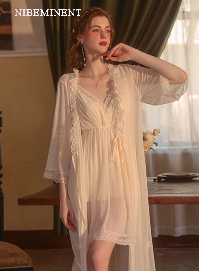 NIBEMINENT 2 Piece Nightgown Set Women's Sweet Nightdress Lace Lingerie Sleepwear Home Dress Set Romantic Elegant Pajamas Ladies Spring Autumn Robe Loungewear  - Image 2