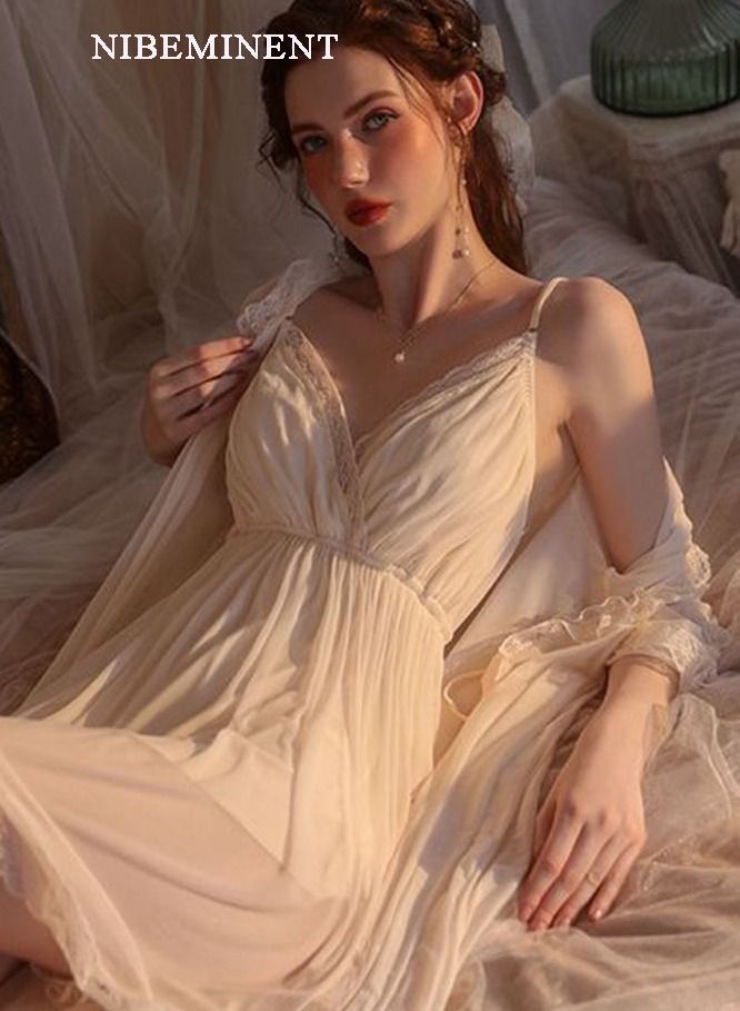 NIBEMINENT 2 Piece Nightgown Set Women's Sweet Nightdress Lace Lingerie Sleepwear Home Dress Set Romantic Elegant Pajamas Ladies Spring Autumn Robe Loungewear  - Image 4