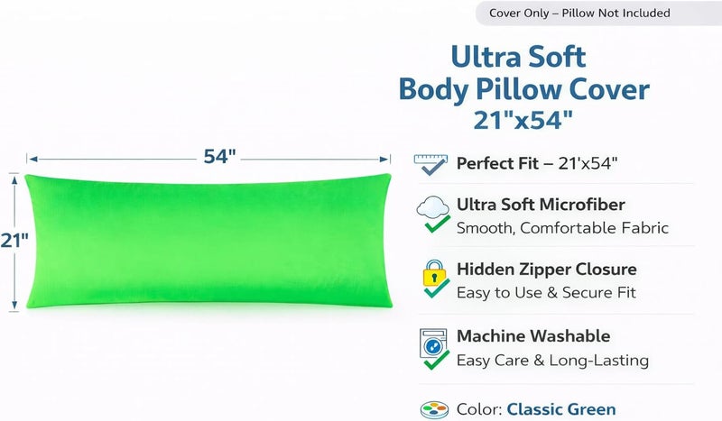 EVOLIVE Ultra Soft Microfiber Body Pillow Cover/Pillowcases 21"x54" with Hidden Zipper Closure (21"x54" Body Pillow Cover, Classic Green) - Image 2