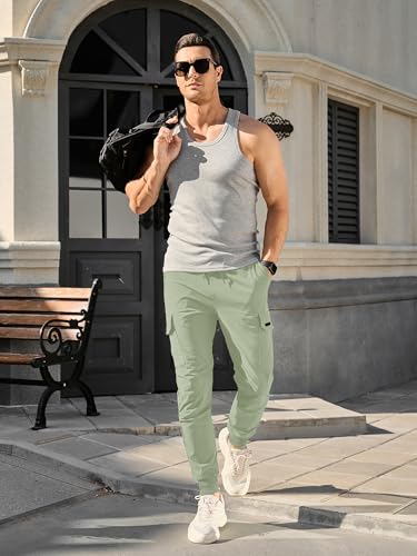 Comdecevis Men's Cargo Jogger Pants Stretch Sweatpants Slim Fit Tactical Pants with Zipper Pockets Casual Trousers Light Green Large - Image 4