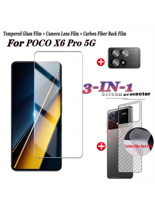 واقي الشاشة الزجاجي المقوى 3 في 1 لهاتف POCO X6 Pro مع طبقة حماية للكاميرا وطبقة خلفية - Image 1