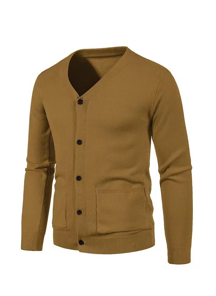 Loquat Men's V-neck Solid Color Cardigan Knit Fashionable Slim Sweater 
