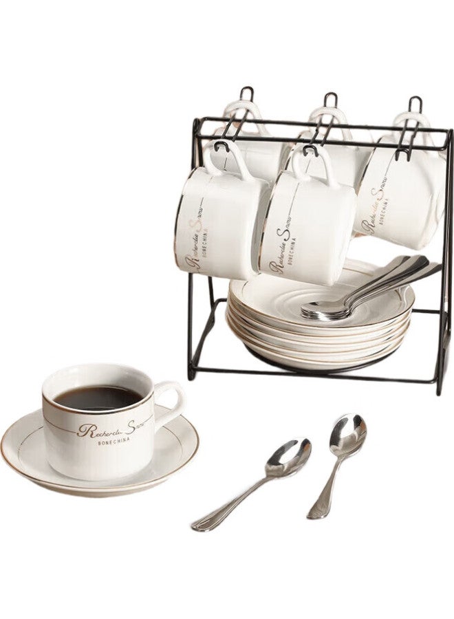 Mongdio Coffee Cup Set, European-Style Gold-Rimmed Ceramic Cups, Mugs, Water Cups, With Handles, 6 Cups, 6 Saucers, 6 Spoons, 1 Cup Holder, Gift Box Set - Image 3