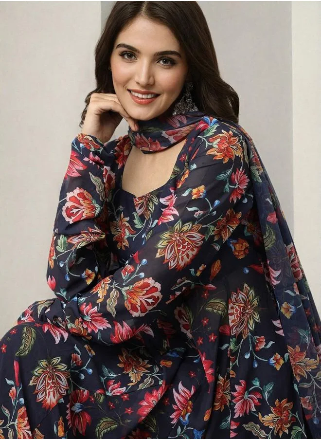 آي شين Navy Women Navy Polyester Kurta Set with Embroidered pattern Tunic and Palazzo features a Round neckline and Three-Fourth Sleeve secured with Elastic closure and styled in Straight Fit ideal for Festive moments — perfect for fashion-forward occasions.