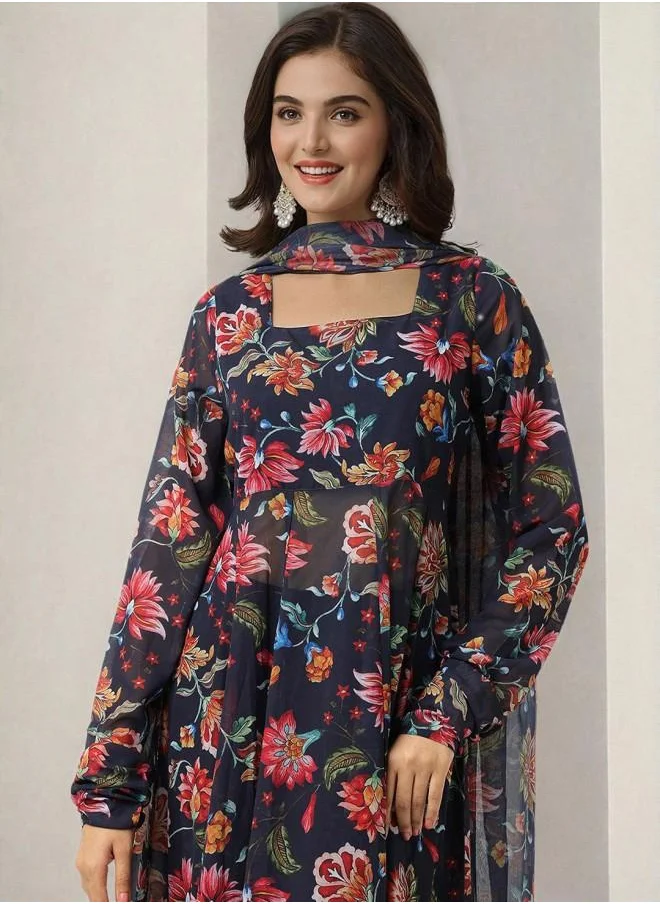 ISHIN Navy Women Navy Polyester Kurta Set with Embroidered pattern Tunic and Palazzo features a Round neckline and Three-Fourth Sleeve secured with Elastic closure and styled in Straight Fit ideal for Festive moments — perfect for fashion-forward occasions.