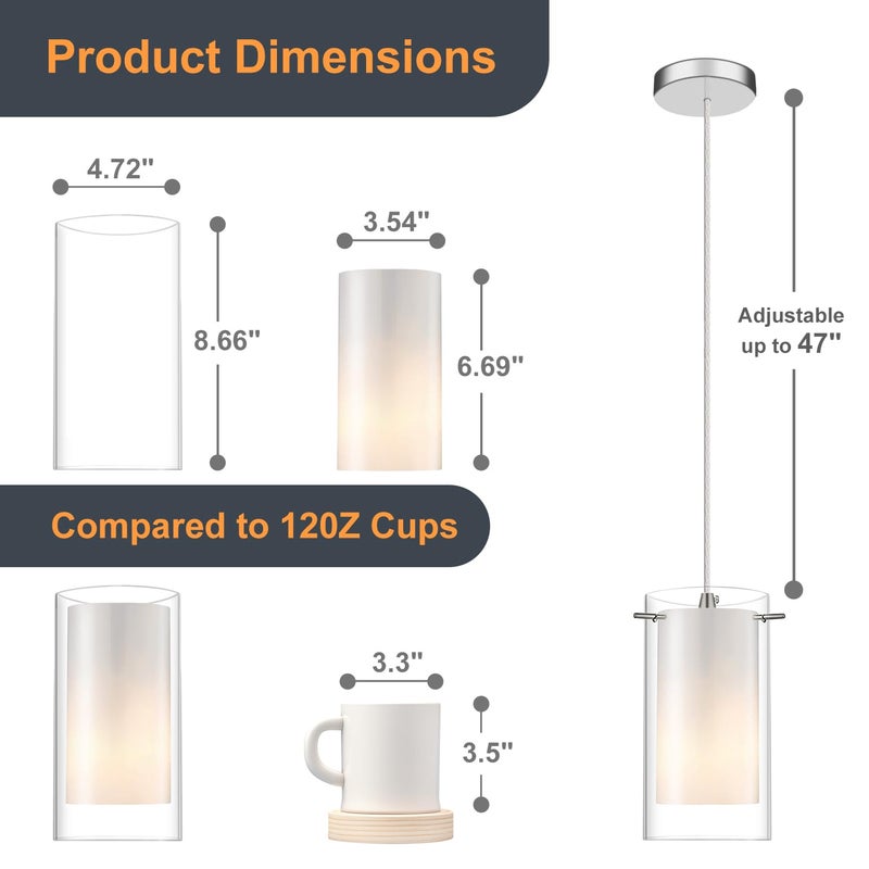 AKEZON Modern Glass Pendant Light 2 Pack, Adjustable Hanging Pendant Lighting Kitchen Lights Island Dining Room Bathroom Bar, Brushed Nickel Finish - Image 5