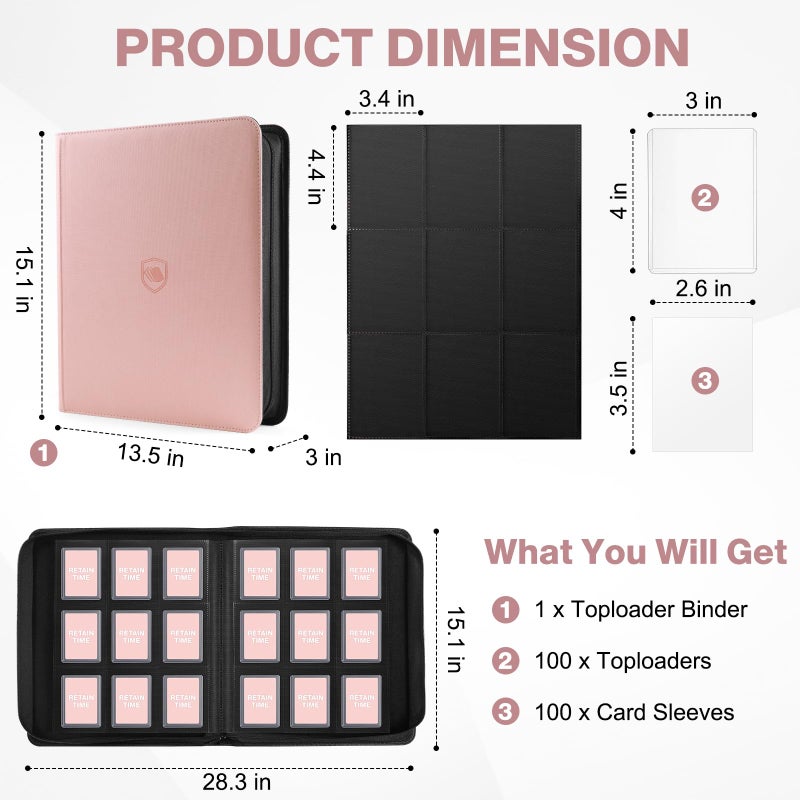 Pemocyny Toploader Binder, Holds 360 Toploaders, 100 Toploaders INCLUDED, 9-Pocket PU Cover Top Loader Binder for 3" x 4" Rigid Toploader, Ringless Double-Sided Toploader Card Binder for TCG, Sport Cards - Image 2