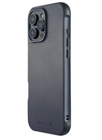 Mujjo iPhone 16 Pro with the Full Leather Case in Steel Blue with MagSafe and Shield Case
