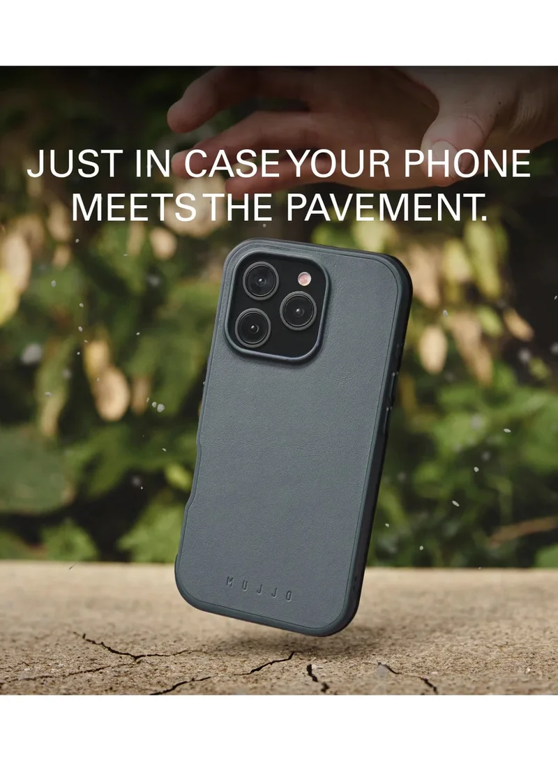 Mujjo iPhone 16 Pro with the Full Leather Case in Steel Blue with MagSafe and Shield Case