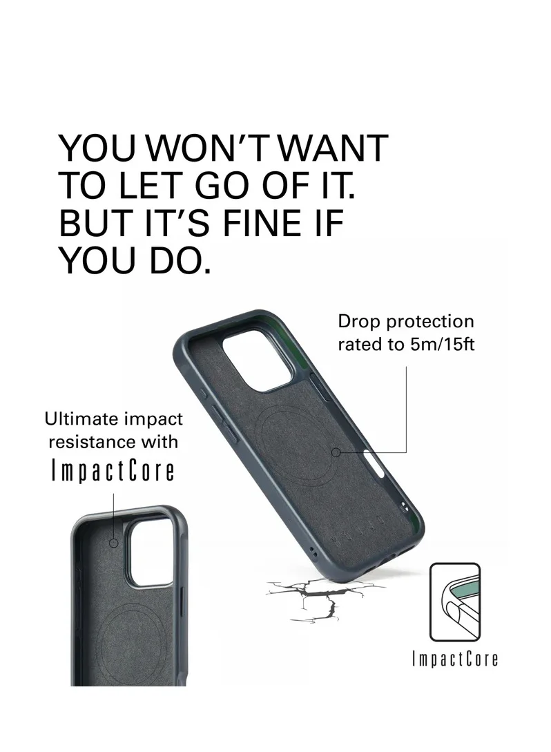 Mujjo iPhone 16 Pro with the Full Leather Case in Steel Blue with MagSafe and Shield Case