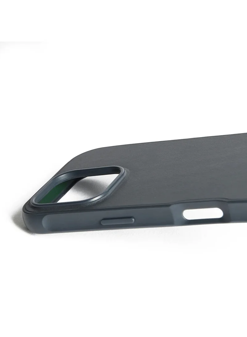 Mujjo iPhone 16 Pro with the Full Leather Case in Steel Blue with MagSafe and Shield Case