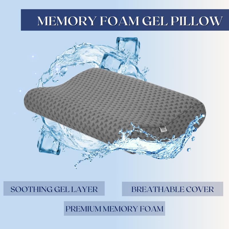 Dormyo Luxe Cervical Pillow for Neck and Shoulder Pain - Memory Foam Gel Infused Contour Neck Pain Relief Pillow - Spondylitis Pillow for Neck with Bamboo Cover (20”L x 12”W x 4" H) Pack of 1 Gray - Image 3