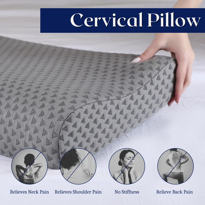 Dormyo Luxe Cervical Pillow for Neck and Shoulder Pain - Memory Foam Gel Infused Contour Neck Pain Relief Pillow - Spondylitis Pillow for Neck with Bamboo Cover (20”L x 12”W x 4" H) Pack of 1 Gray - Image 2