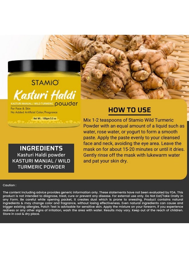 STAMIO - Kasturi Haldi Powder 100 Gm For Face, Beauty, Skin Care, Mask, Diy | Pure And Natural, Chemical Free | Jangli/Wild Turmeric | Kasturi Manjal | Curcuma Aromatica | Men & Women | In Jar 3.53 Oz - Image 1