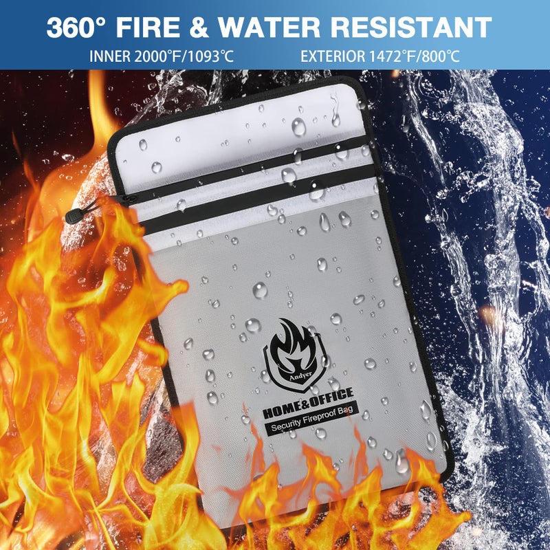 andyer Upgraded Two Pockets Fireproof Document Bag (2000℉), andyer 15”x 11”Waterproof Fireproof Money Bag for Cash with Zipper, Important Document Storage Organizer for Valuables, Legal Documents Safe  - Image 2