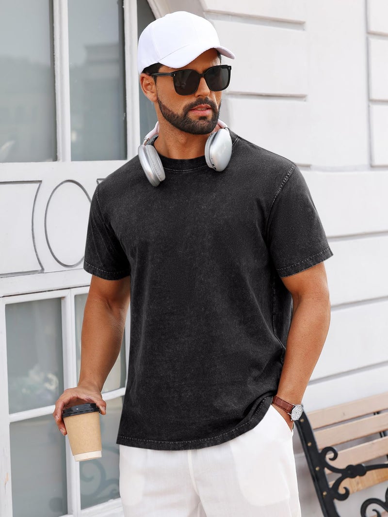 Runcati Mens Short Sleeve T-Shirts 100% Cotton Heavyweight Casual Crew Neck Shirt Vintage Acid Wash Summer Tees Black - Image 4