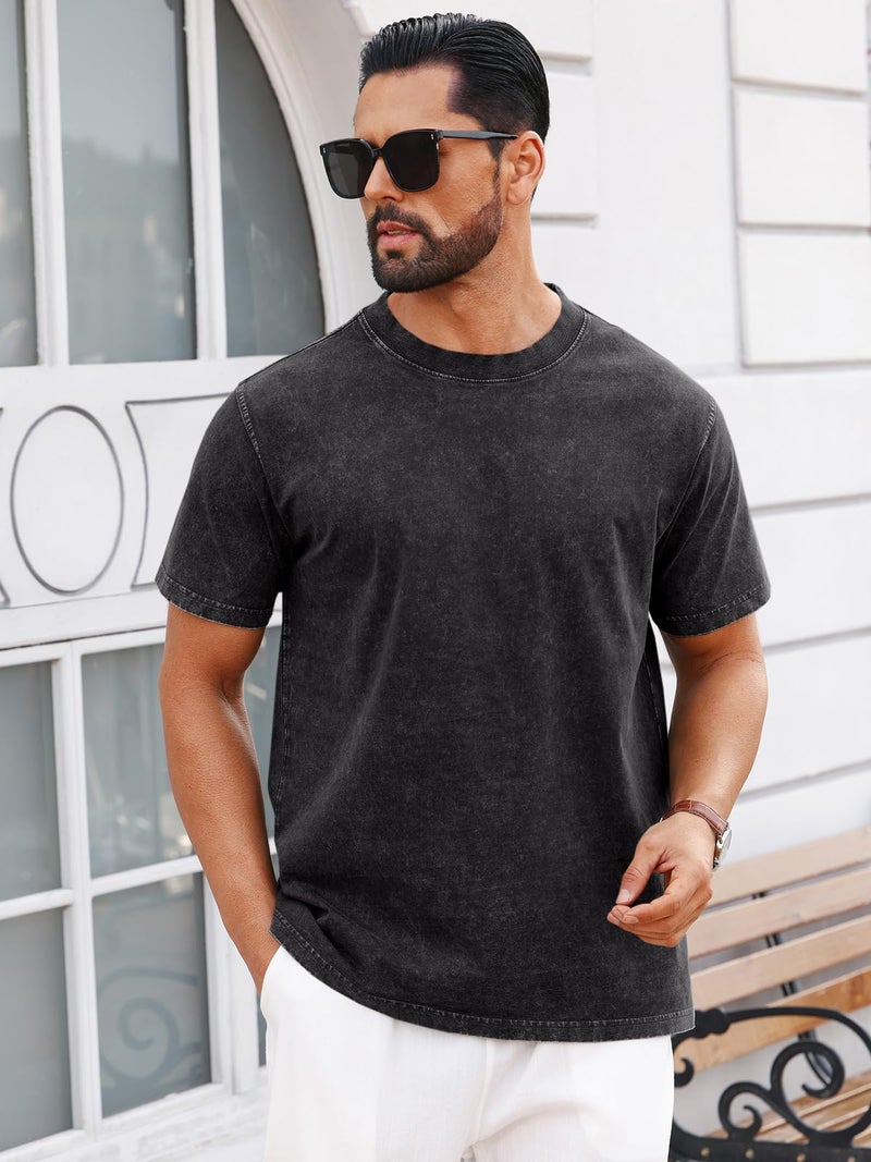 Runcati Mens Short Sleeve T-Shirts 100% Cotton Heavyweight Casual Crew Neck Shirt Vintage Acid Wash Summer Tees Black - Image 2
