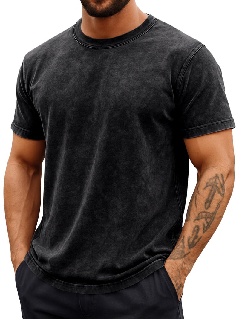 Runcati Mens Short Sleeve T-Shirts 100% Cotton Heavyweight Casual Crew Neck Shirt Vintage Acid Wash Summer Tees Black - Image 1