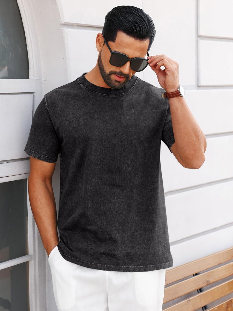Runcati Mens Short Sleeve T-Shirts 100% Cotton Heavyweight Casual Crew Neck Shirt Vintage Acid Wash Summer Tees Black - Image 3