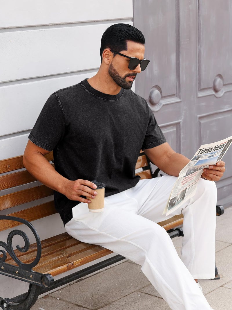 Runcati Mens Short Sleeve T-Shirts 100% Cotton Heavyweight Casual Crew Neck Shirt Vintage Acid Wash Summer Tees Black - Image 5