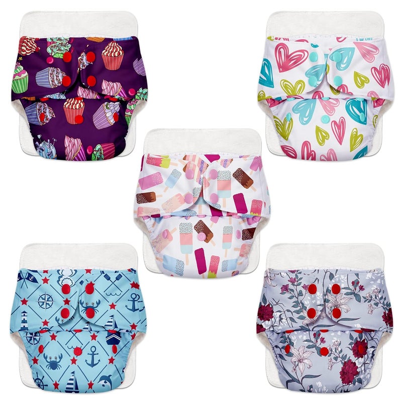 Superbottoms Basic Leakage-proof advanced cloth diapers for babies, High Absorbent 100% cotton 5 reusable diaper and 5 insert pad Combo Pack washable cloth diaper 3M -3Years Adjustable, Reduces Rash - Image 1