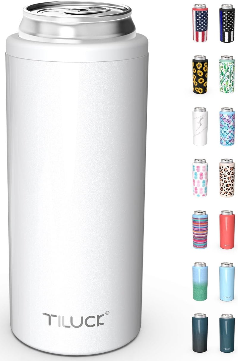 TILUCK Skinny Can Cooler for Slim Beer & Hard Seltzer, Stainless Steel, Doucle-Walled Stainless Steel Insulated Slim Cans, Standard 12 oz (Glitter White) - Image 1