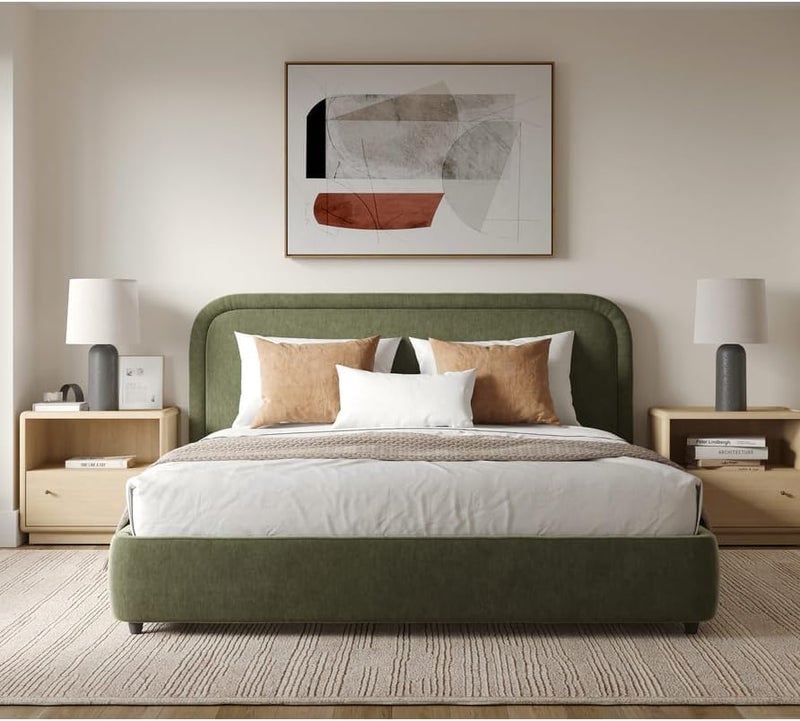 Modern Upholstered Bed Frame with Padded Curved Headboard - Olive Green, Super King (200x200cm with Medical Mattress) - Image 3