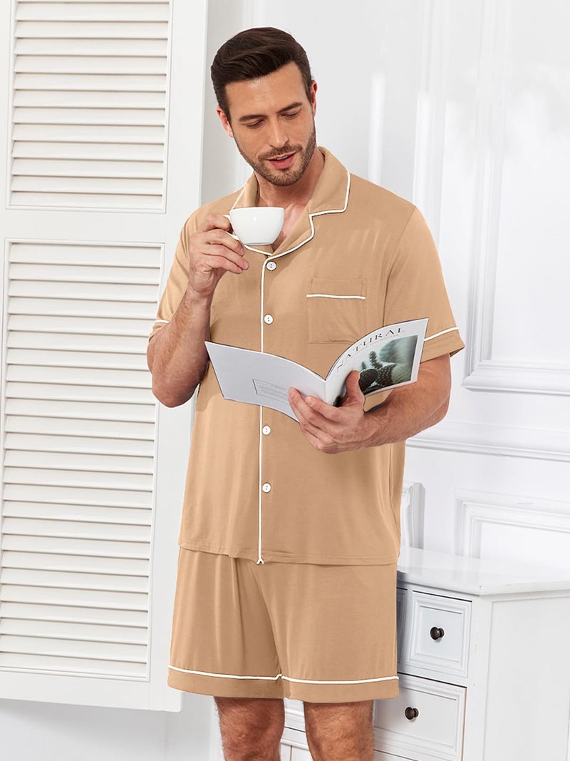 YOPUGEE Mens Pajamas Set Short Sleeve Sleepwear Summer Pjs Button Down Pijamas Set Modal 2PCS Pj Set, Khaki-L - Image 3