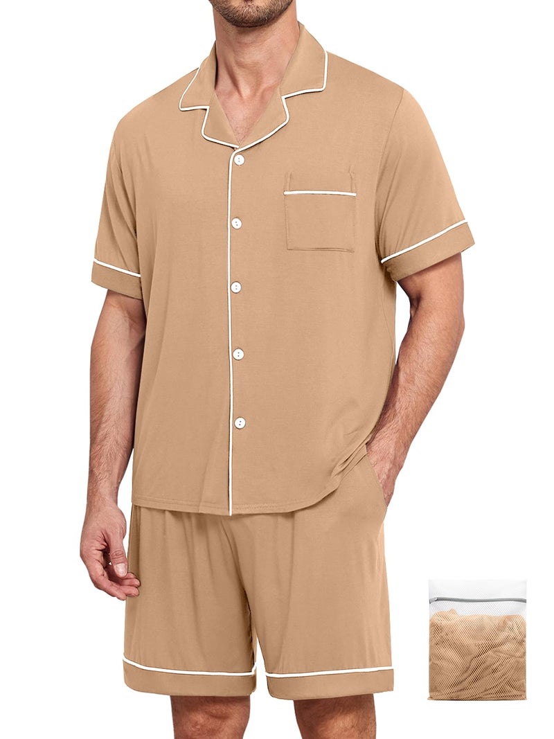 YOPUGEE Mens Pajamas Set Short Sleeve Sleepwear Summer Pjs Button Down Pijamas Set Modal 2PCS Pj Set, Khaki-L - Image 1