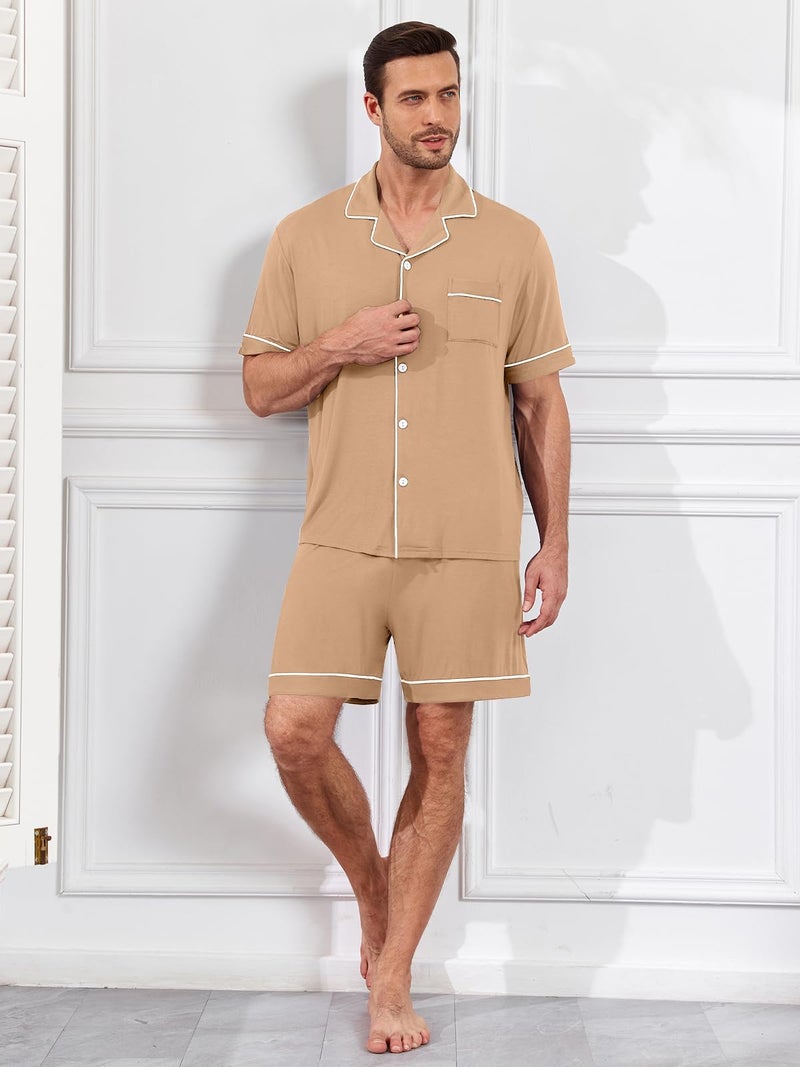 YOPUGEE Mens Pajamas Set Short Sleeve Sleepwear Summer Pjs Button Down Pijamas Set Modal 2PCS Pj Set, Khaki-L - Image 5