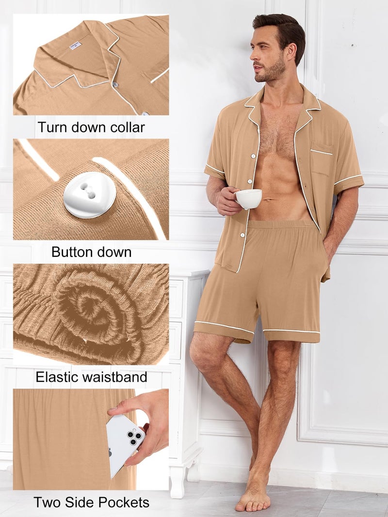 YOPUGEE Mens Pajamas Set Short Sleeve Sleepwear Summer Pjs Button Down Pijamas Set Modal 2PCS Pj Set, Khaki-L - Image 4