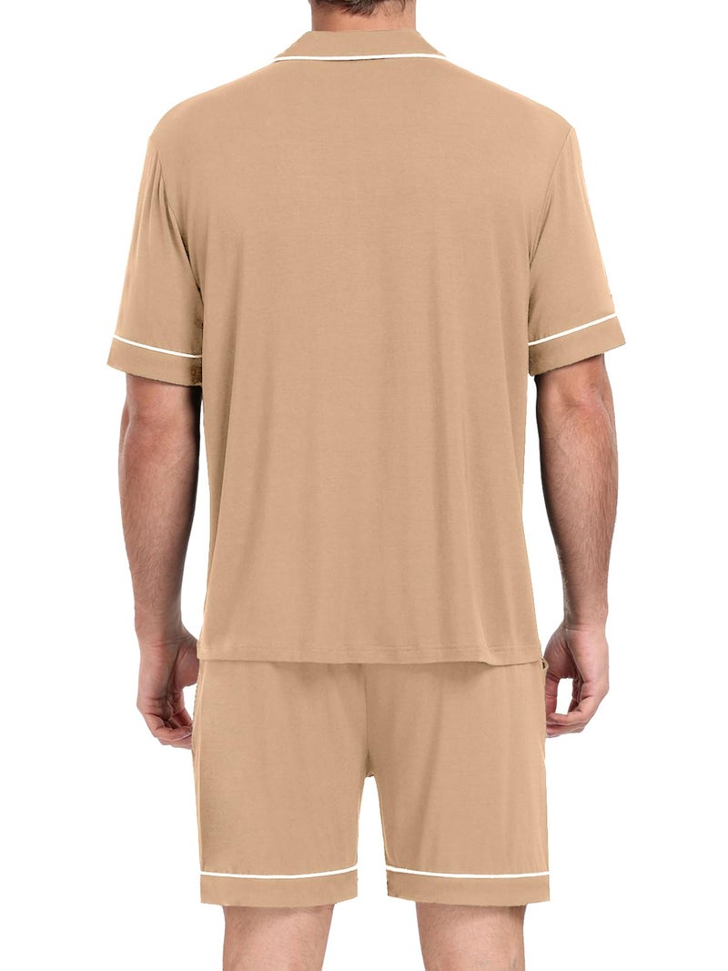 YOPUGEE Mens Pajamas Set Short Sleeve Sleepwear Summer Pjs Button Down Pijamas Set Modal 2PCS Pj Set, Khaki-L - Image 2