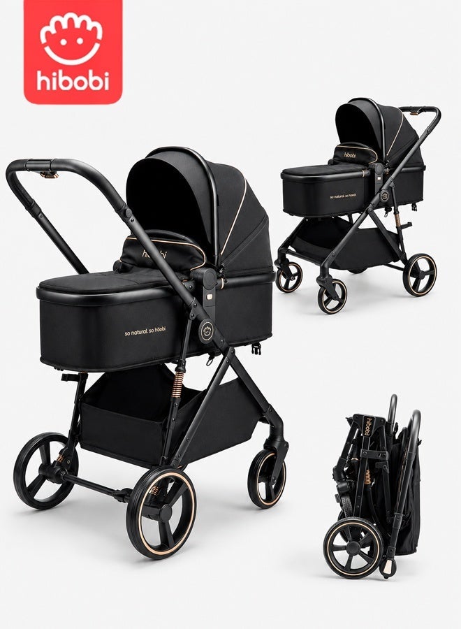 hibobi 2-in-1 Baby Stroller Pram, Bassinet & Toddler Seat, Foldable Baby Pushchair with Aluminum Alloy Frame, Smooth Suspension, 5-Point Safety Harness, Adjustable Canopy, Breathable Mesh Window, Black Gold - Image 1