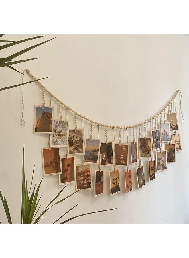 Hanging Photo Display with 22 Clips, Wooden Bead Garland, Boho Style Collage Photo Frame Decoration for Dorms, Classrooms, Bedrooms - Image 1