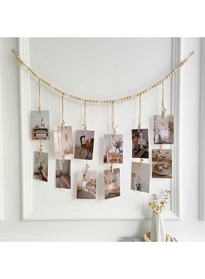 Hanging Photo Display with 22 Clips, Wooden Bead Garland, Boho Style Collage Photo Frame Decoration for Dorms, Classrooms, Bedrooms - Image 2