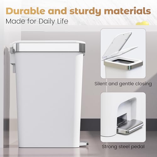 onlcuk 2Pack Small Bathroom Trash Can with Lid Soft Close, 10 Liter/2.6 Gallon Slim Garbage Can-Metal Step and Press top Lid, Mini Modern Waste Basket for Toilet, Office, Bedroom,Dorm,Grayish-White - Image 2