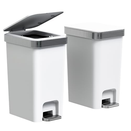 onlcuk 2Pack Small Bathroom Trash Can with Lid Soft Close, 10 Liter/2.6 Gallon Slim Garbage Can-Metal Step and Press top Lid, Mini Modern Waste Basket for Toilet, Office, Bedroom,Dorm,Grayish-White - Image 1
