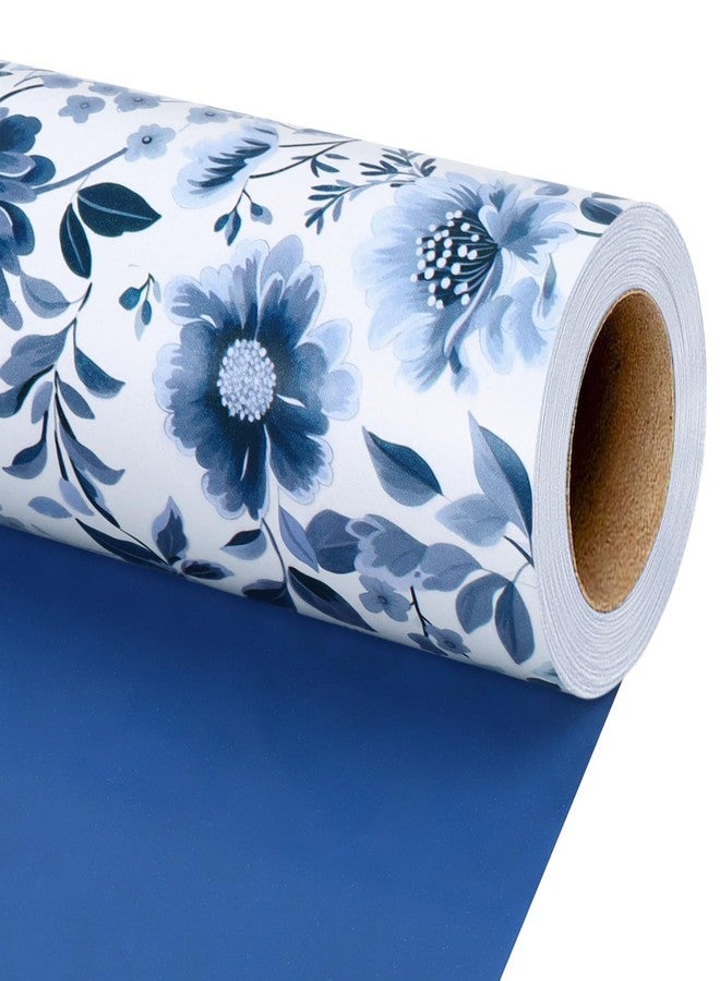 LaRibbons Reversible Blue Floral Wrapping Paper Roll, Elegant Blue White Peony Design, Chinoiserie Gift Wrap for Valentine's Day, Wedding, Bridal Shower & Birthday, 17 Inch x 33 Feet - Image 1