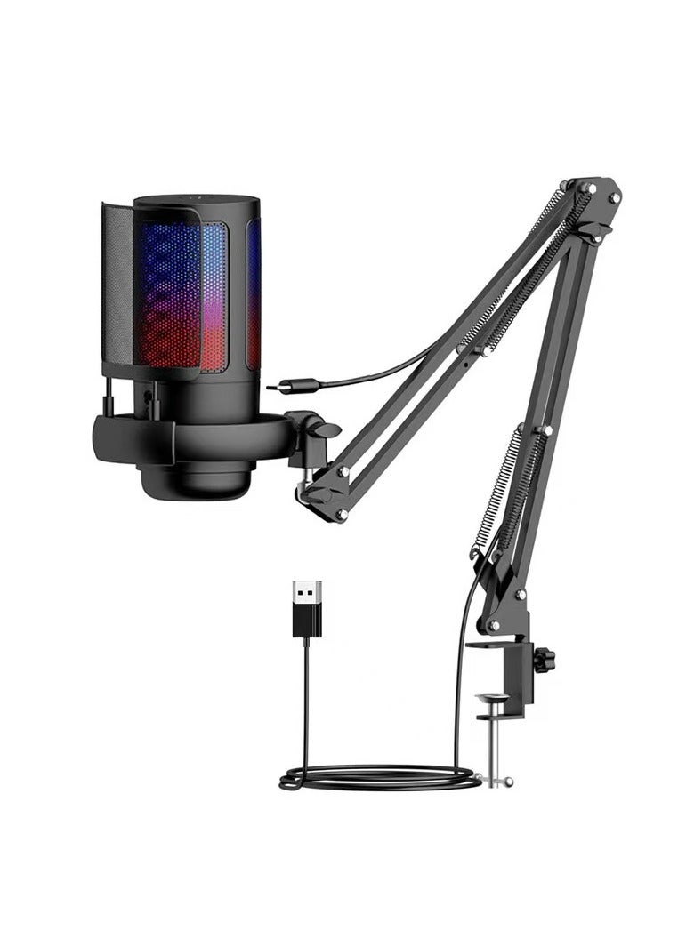 general USB Gaming Microphone , Condenser Mic with Boom Arm for PC PS4/ PS5/ Mac/Phone with Touch Mute, RGB Lighting,Gain knob  for Streaming,Podcasting